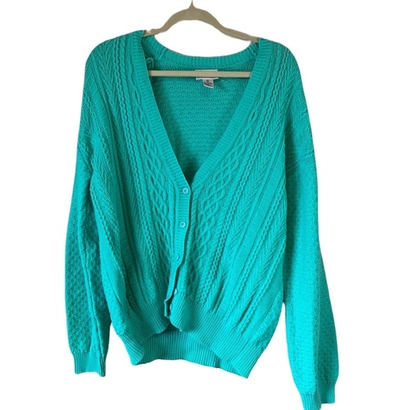 VTG Mint Green Cable Diamond Argyle Cotton Knit V Neck Grandpa Cardigan Women XL - Picture 3 of 12